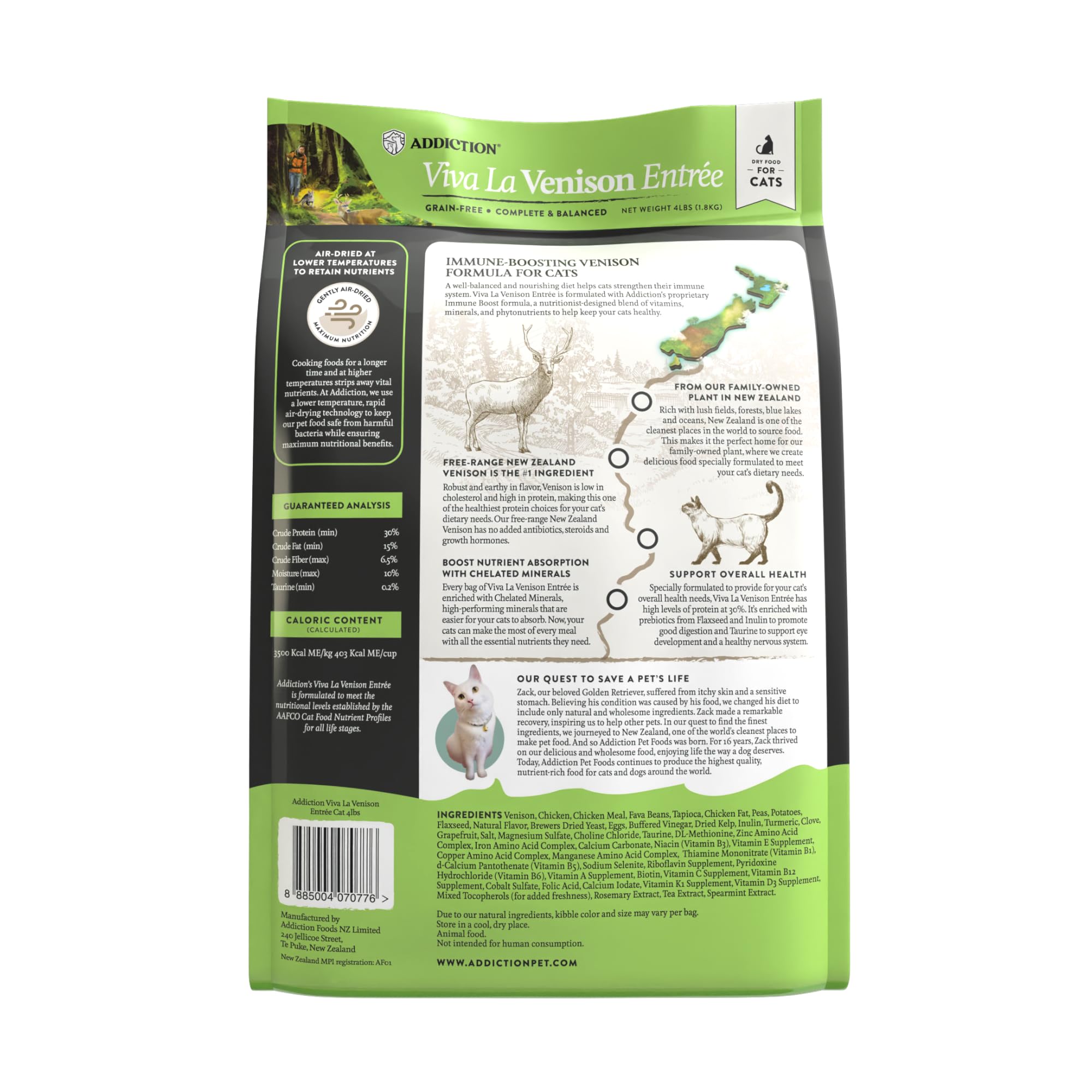 Hero image summarizing benefits: venison protein, grain-free, NZ-made, probiotics.