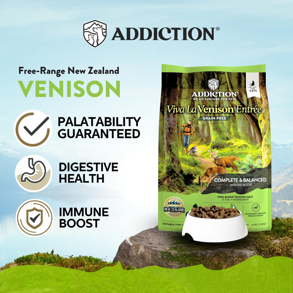 Kibble close-up from Addiction Venison Grain-Free formula showing texture for picky eaters.