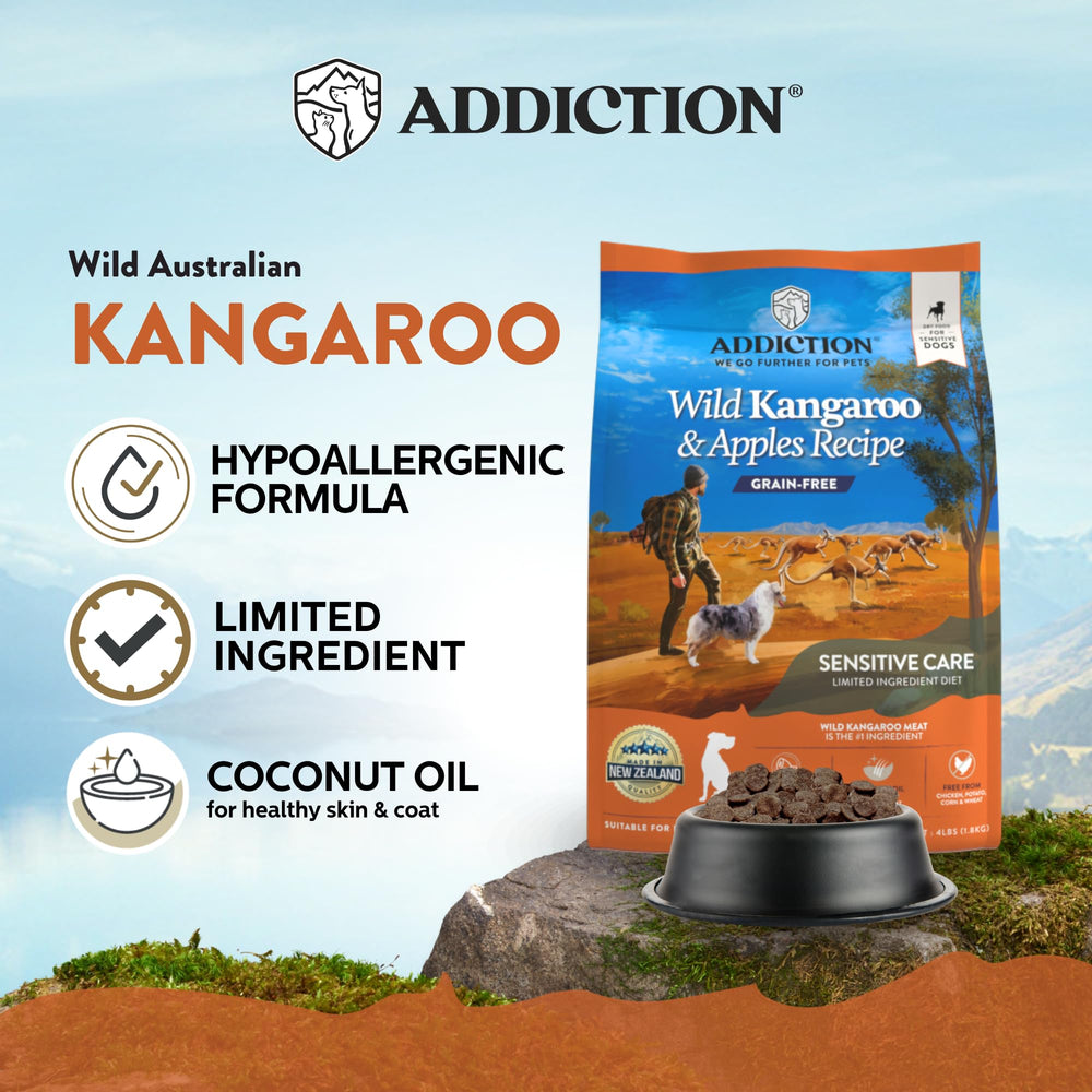 Addiction Wild Kangaroo & Apples bag back panel shows limited-ingredient formula for sensitive dogs