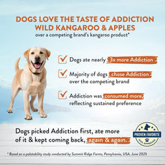 Addiction Wild Kangaroo & Apples kibble in dog bowl highlights grain-free recipe