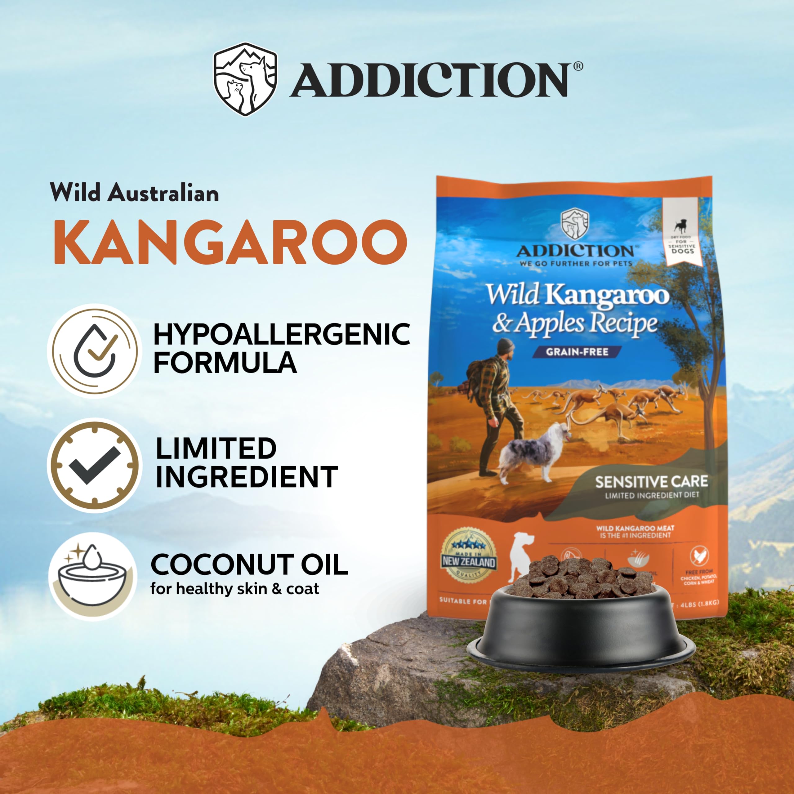 Close-up of Addiction Wild Kangaroo & Apples kibble emphasizing lean protein