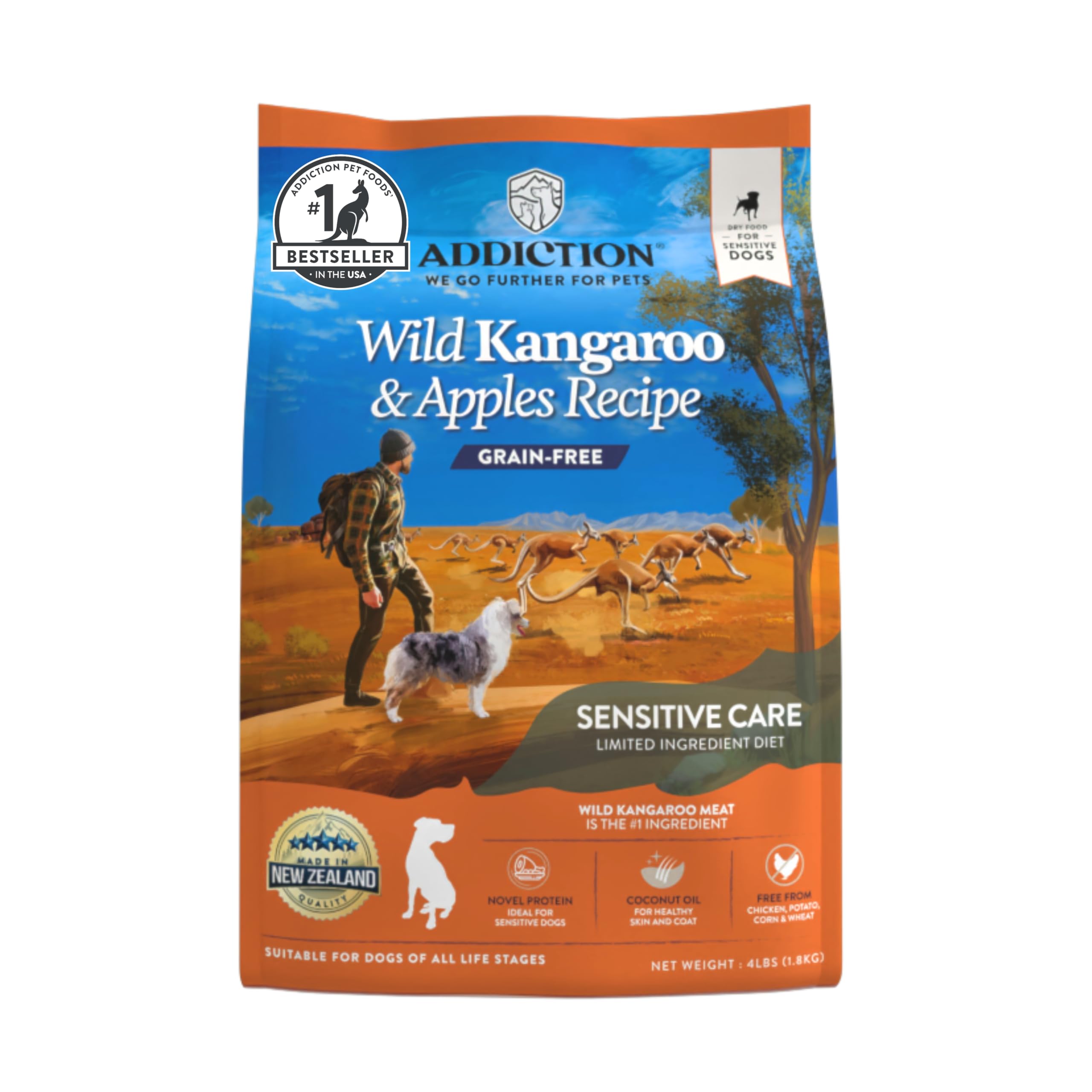 Addiction Wild Kangaroo & Apples packaging showing grain-free recipe for sensitive dogs