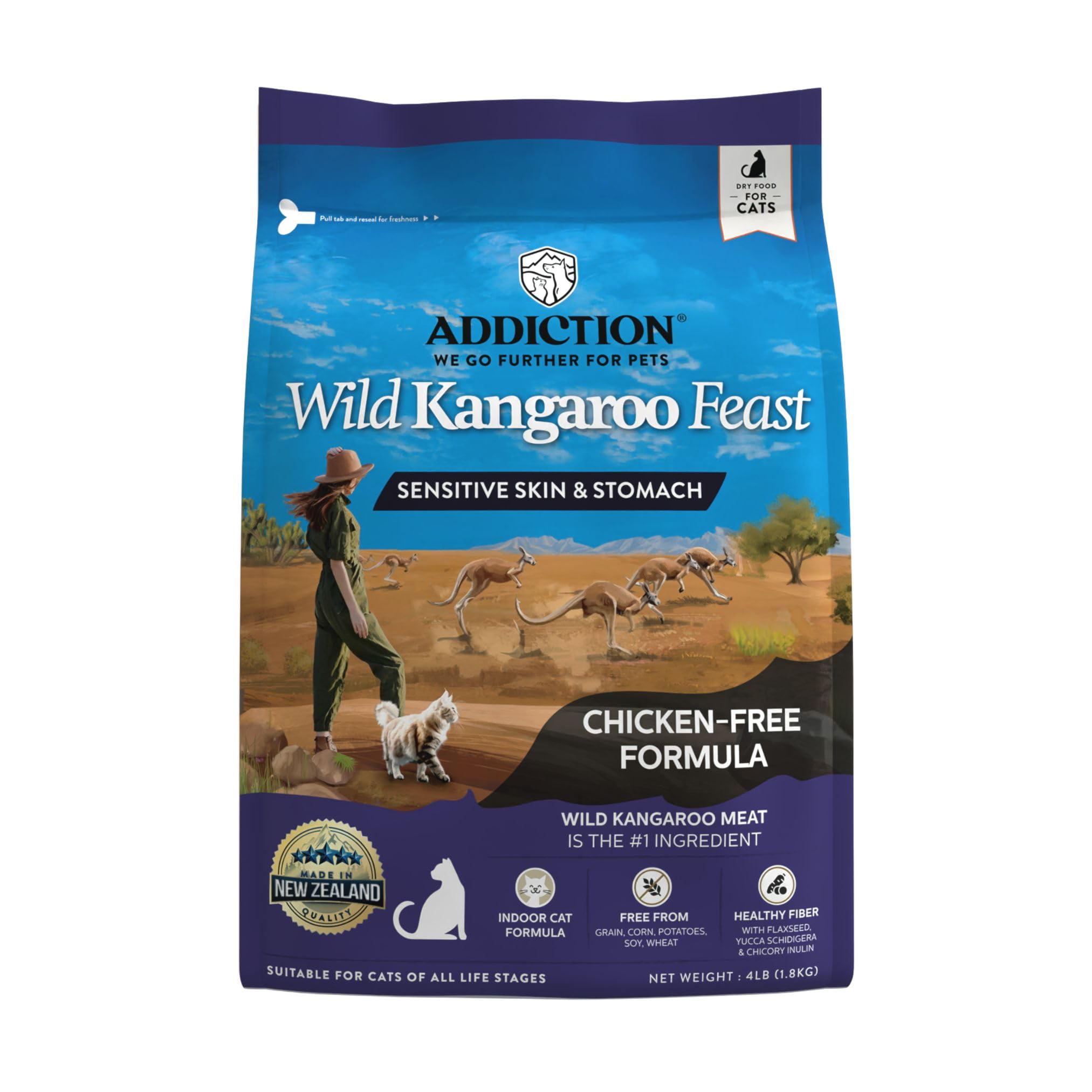 Addiction Wild Kangaroo Feast bag closeup highlighting limited ingredients for sensitive cats