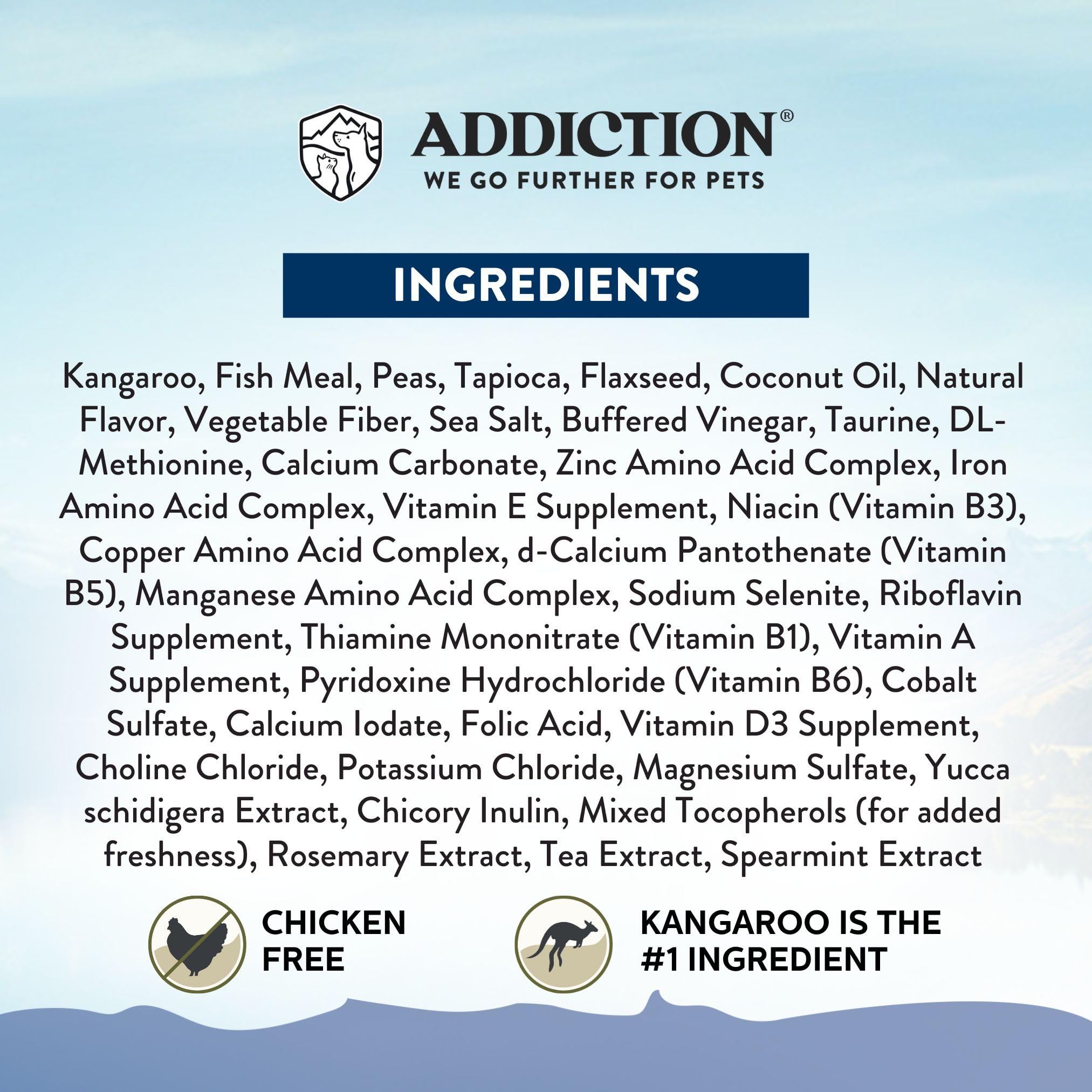 Addiction Wild Kangaroo Feast digestive-support iconography suggests coconut oil and chicory inulin