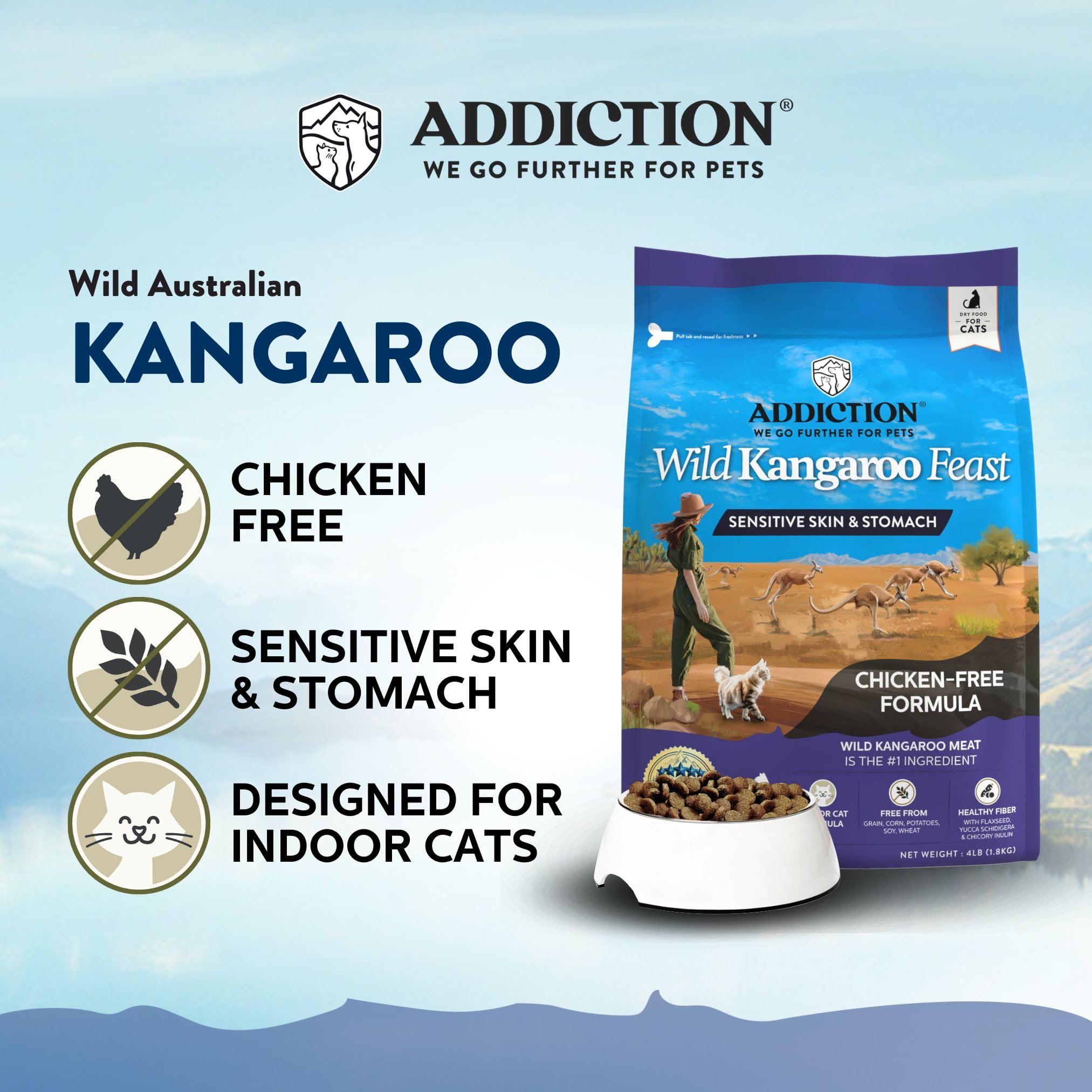 Addiction Wild Kangaroo Feast ingredients kangaroo label shows grain-free, chicken-free formula