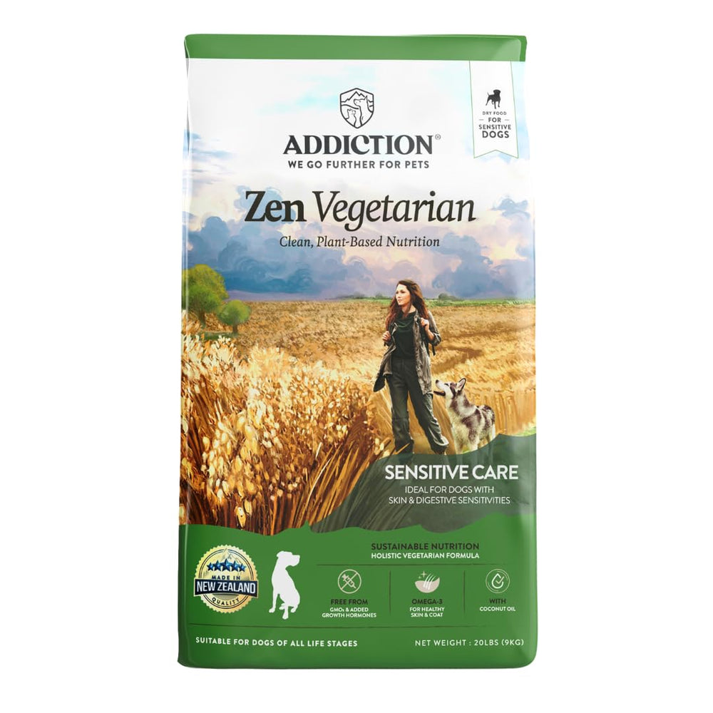 Addiction Zen Vegetarian dry dog food bag showing plant-based formula for sensitive dogs.