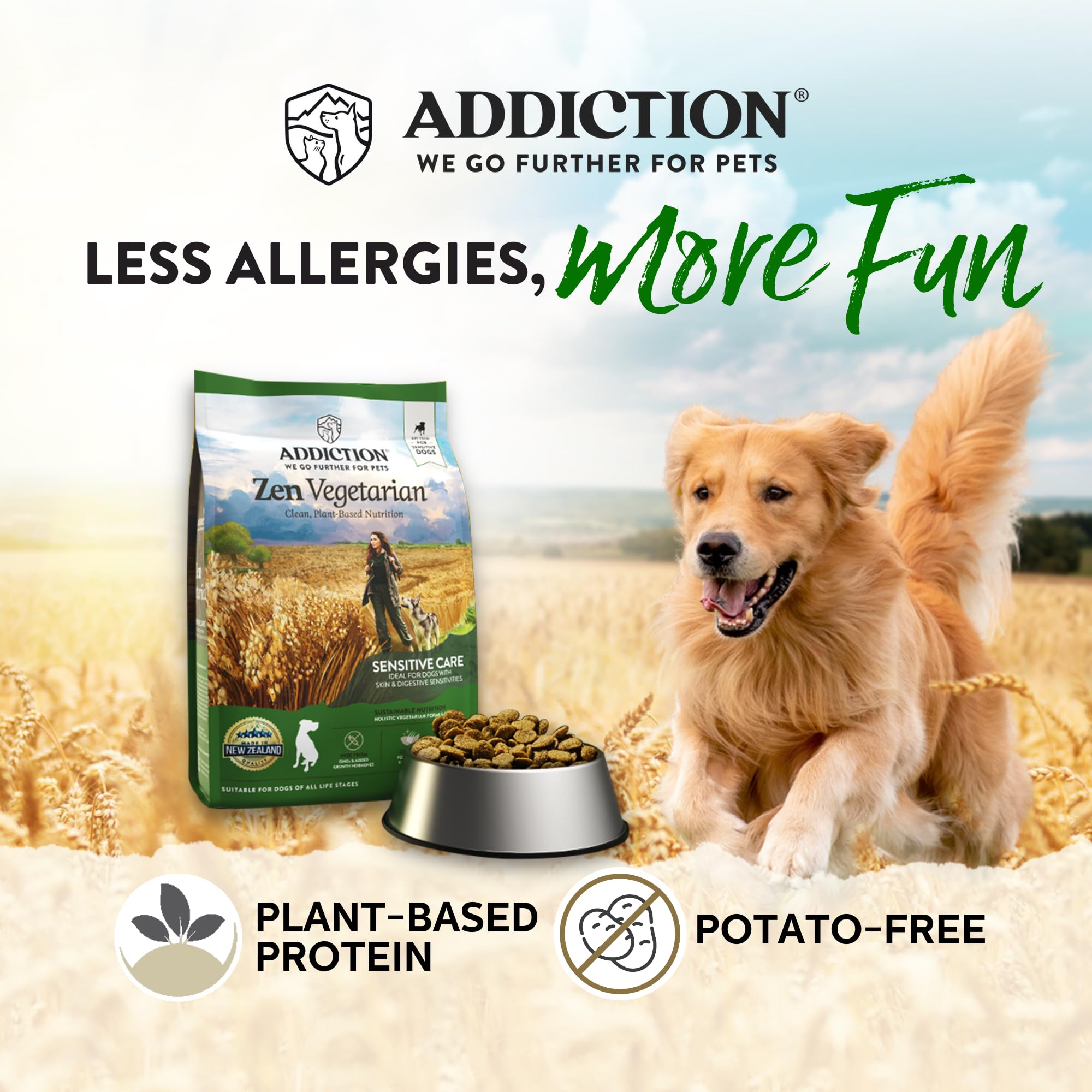 Addiction Zen Vegetarian dry dog food bowls ready meal for all life stages.