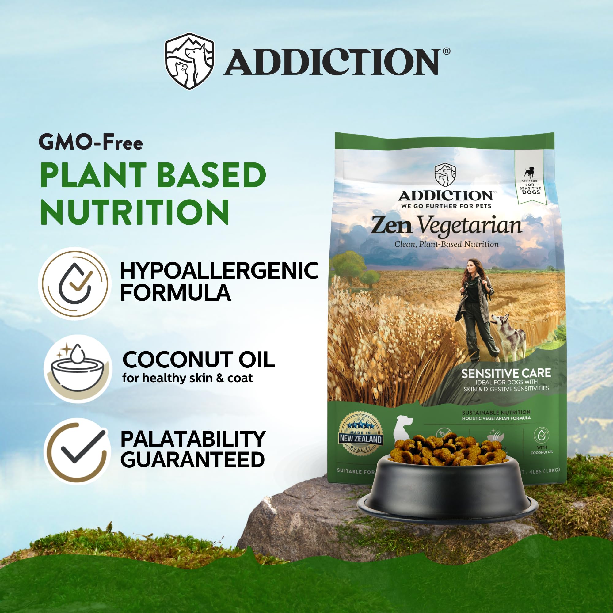 Addiction Zen Vegetarian dry dog food bowl ready to serve.
