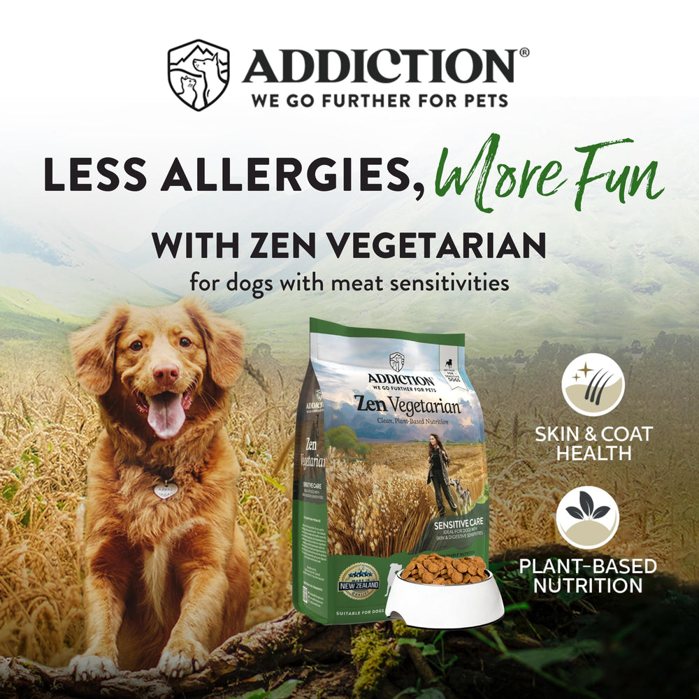 Addiction Zen Vegetarian kibble close-up showing texture for dogs.