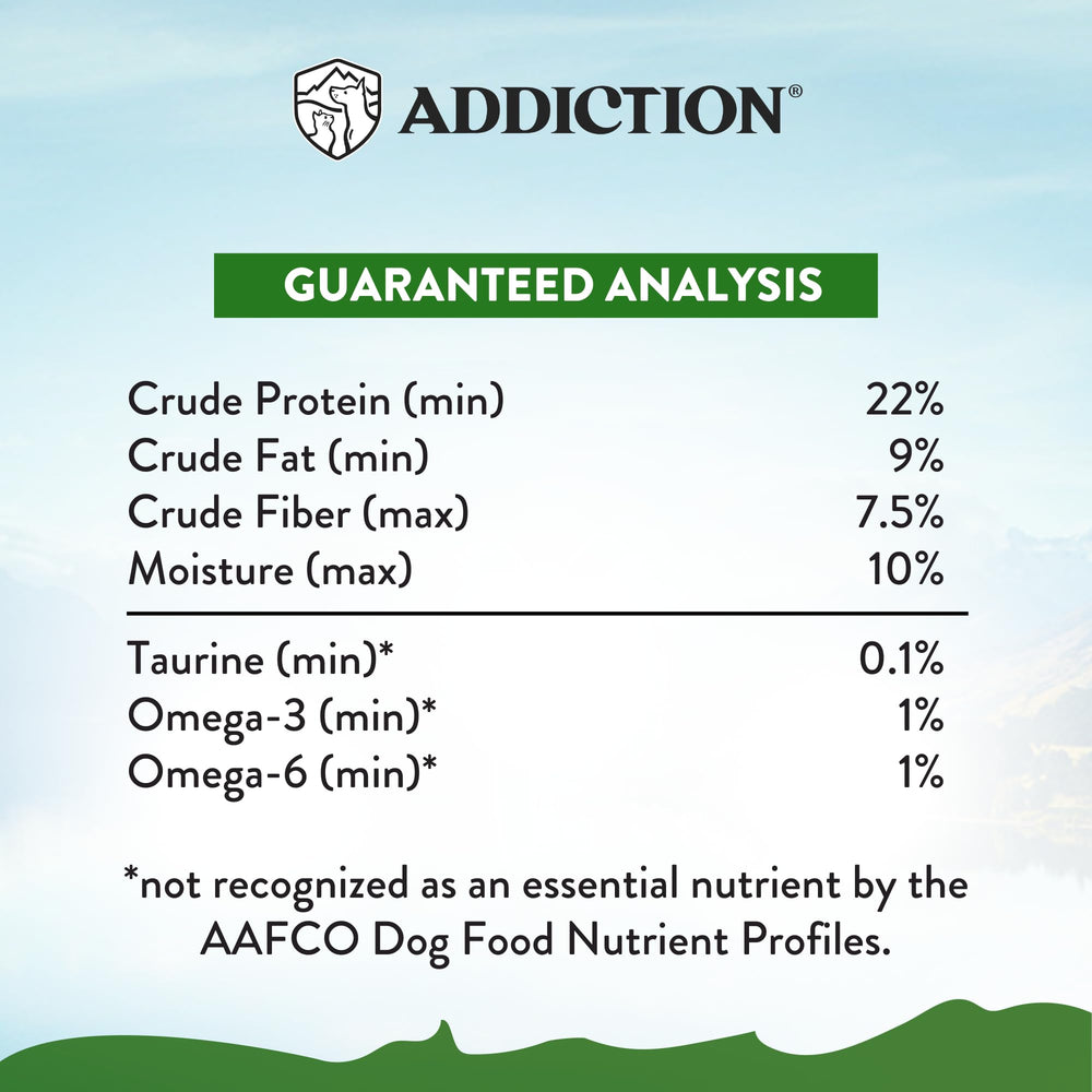 Addiction Zen Vegetarian dry dog food close-up emphasizes sensitive skin support.