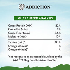 Addiction Zen Vegetarian dry dog food close-up emphasizes sensitive skin support.