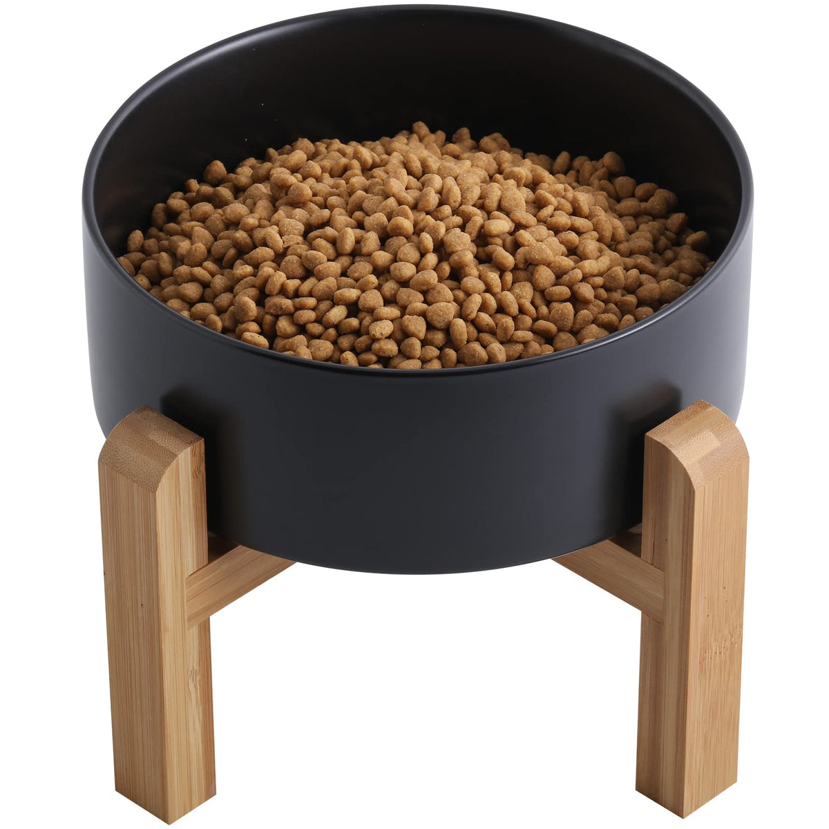 Addogyy black elevated ceramic dog bowl with wood stand for easy access at mealtime.