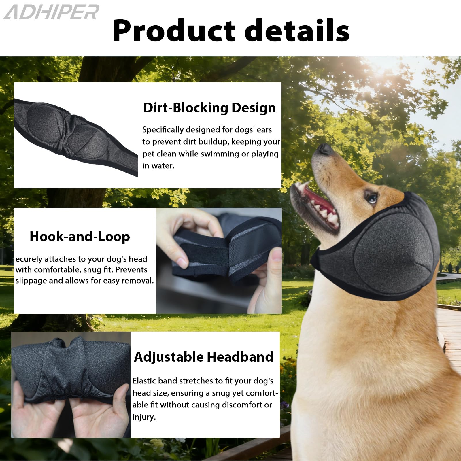 Adhiper Upgrade dog ear wraps gray grooming scene highlights water-resistant protection