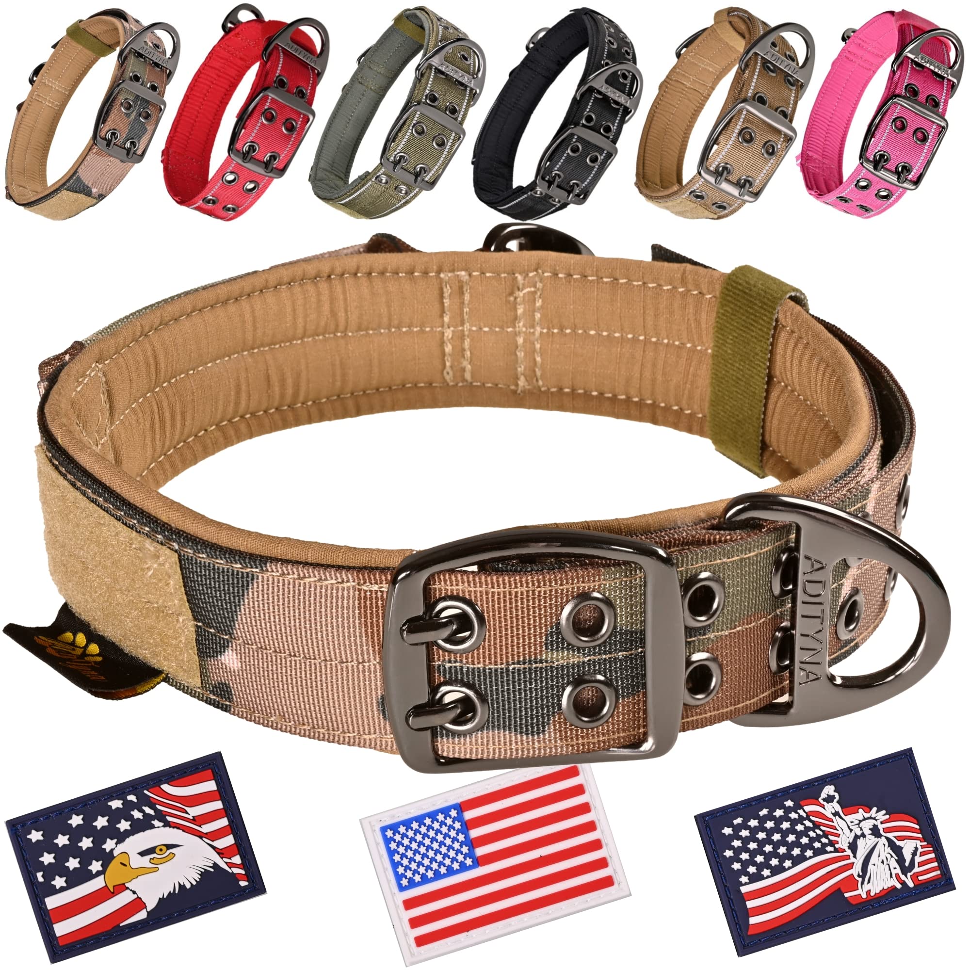 ADITYNA heavy-duty camo dog collar with adjustable fit for large breeds and secure leash.