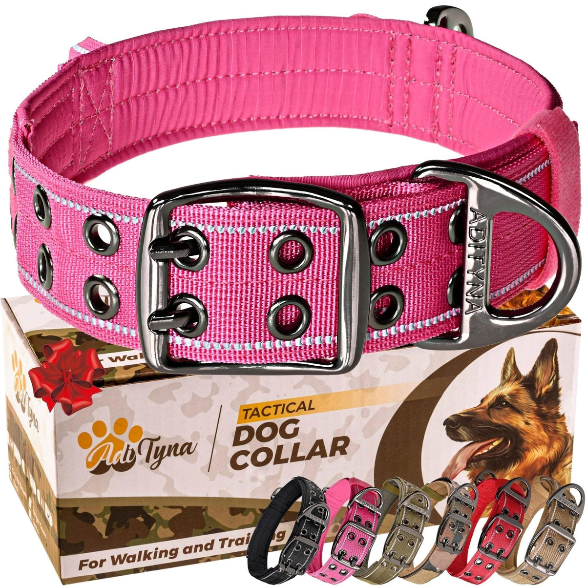 ADITYNA heavy-duty reflective pink dog collar with handle for secure control during walks