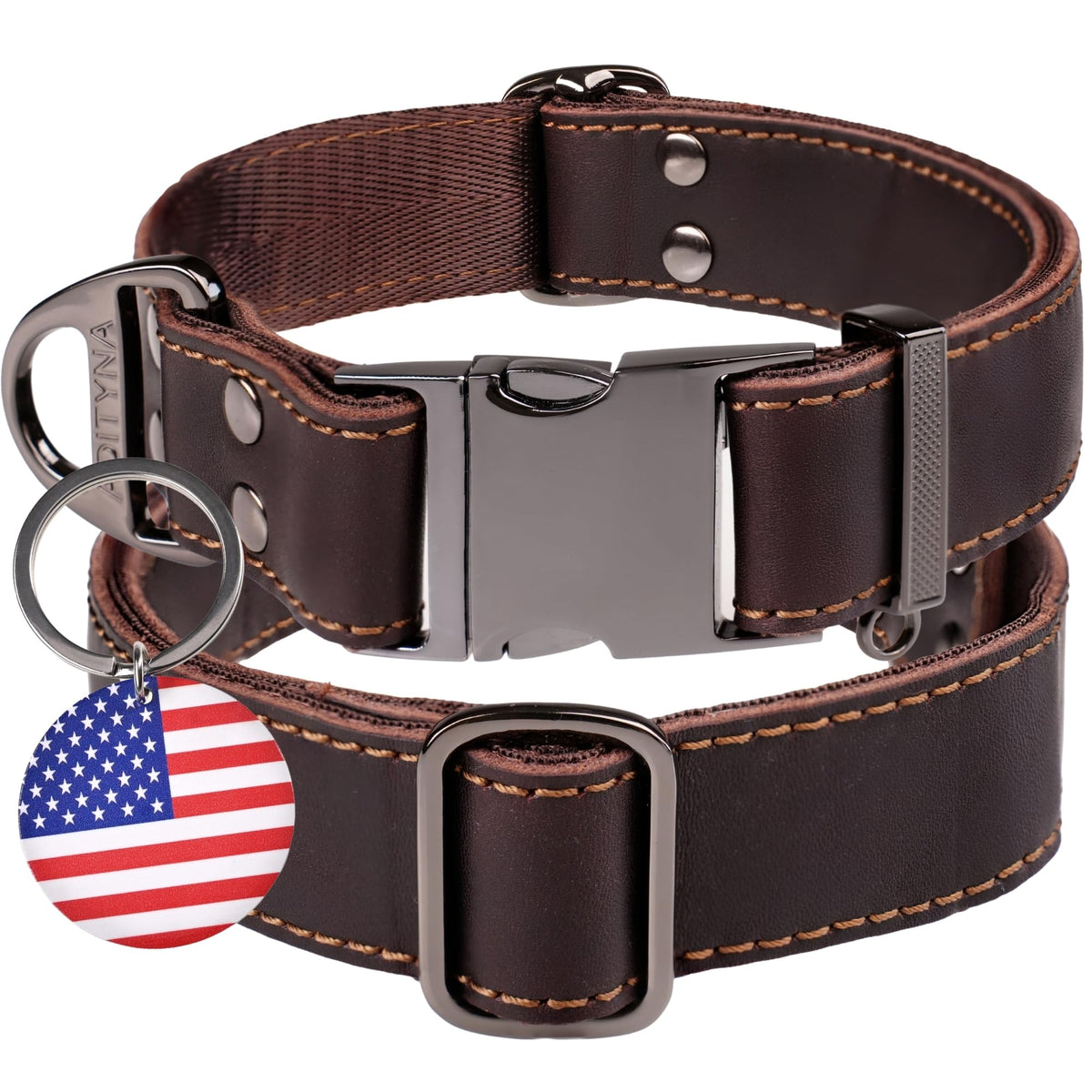 ADITYNA leather dog collar with metal buckle for heavy-duty use and adjustable fit during walks.