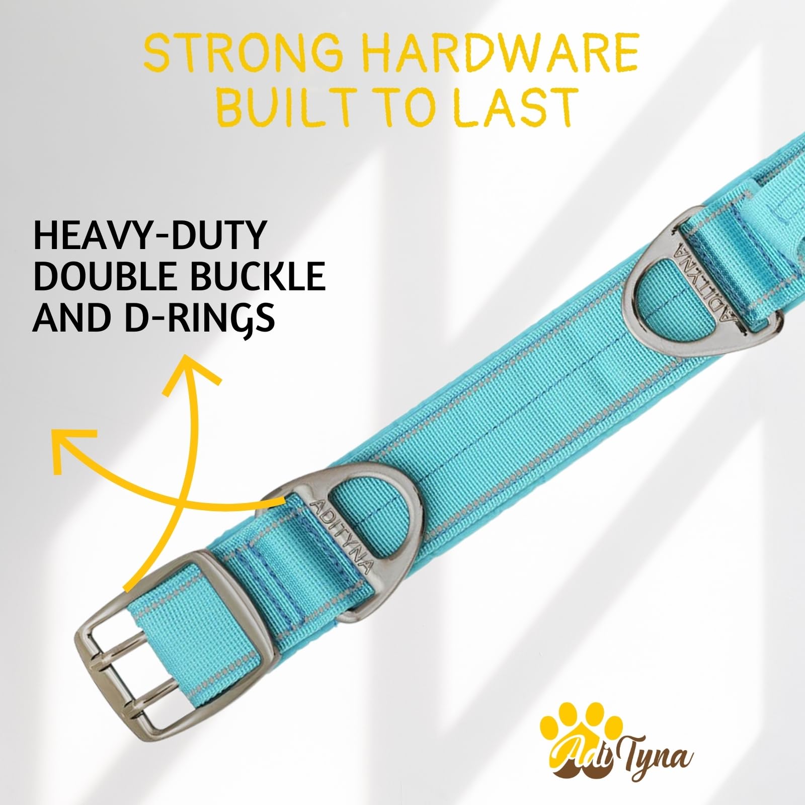 ADITYNA wide one-and-a-half-inch collar supports secure fit for big breeds.