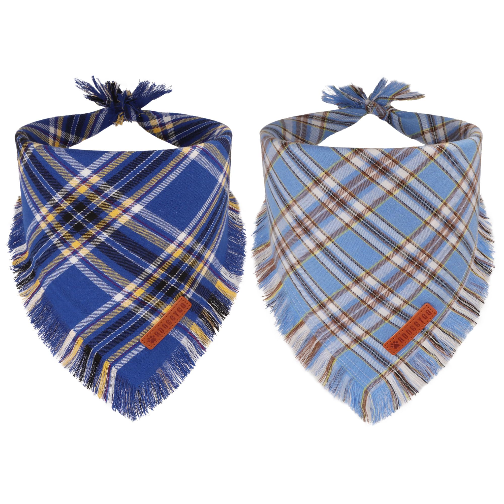 ADOGGYGO blue plaid bandana tassel edges front view for daily walks.