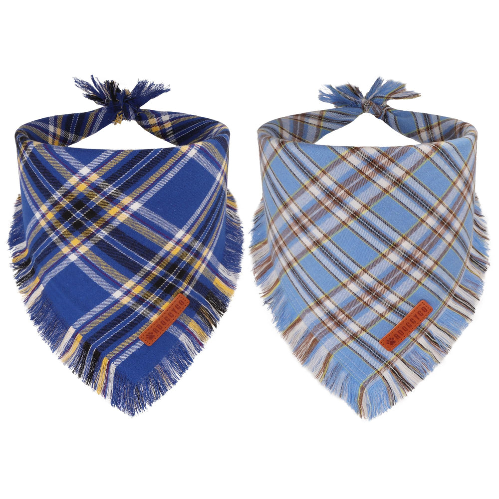 ADOGGYGO blue plaid bandana tassel edges front view for daily walks.
