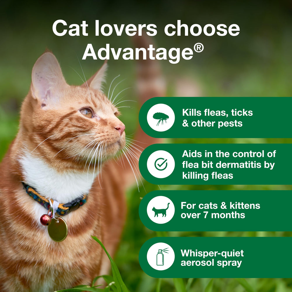 Advantage Cat Flea Spray features a whisper-quiet nozzle to reduce stress.