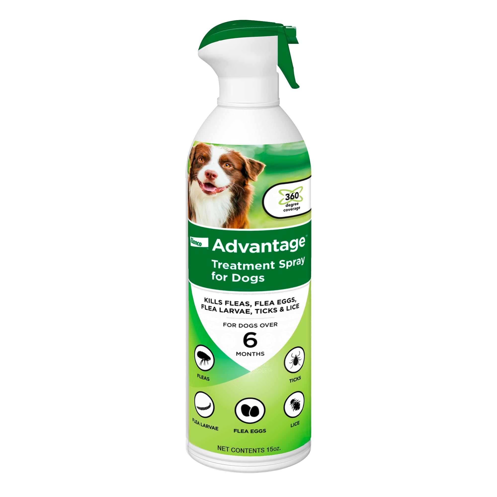 Advantage Dog Flea Treatment Spray demonstrating 360-degree coverage for even application.