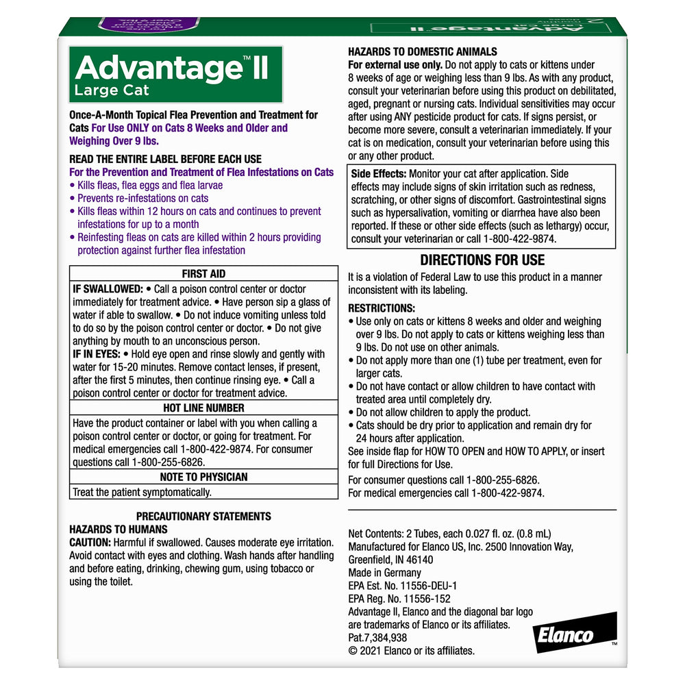 Advantage II Large Cat kills adult fleas on contact for immediate relief.
