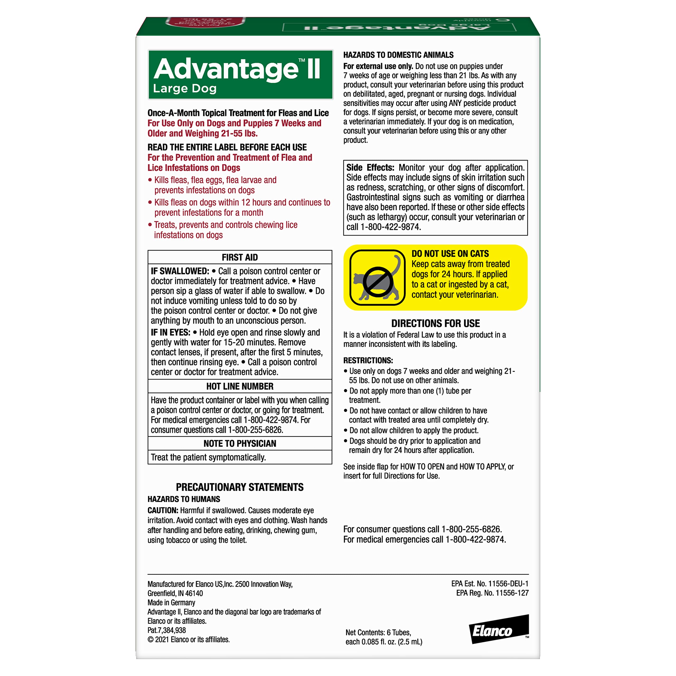 Advantage II Large Dog packaging shows clear dosing and usage guidelines.