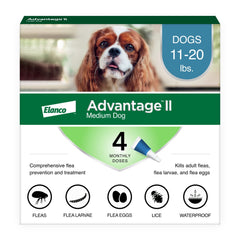 Advantage II bottle pour shows easy topical application for small-to-medium dogs.