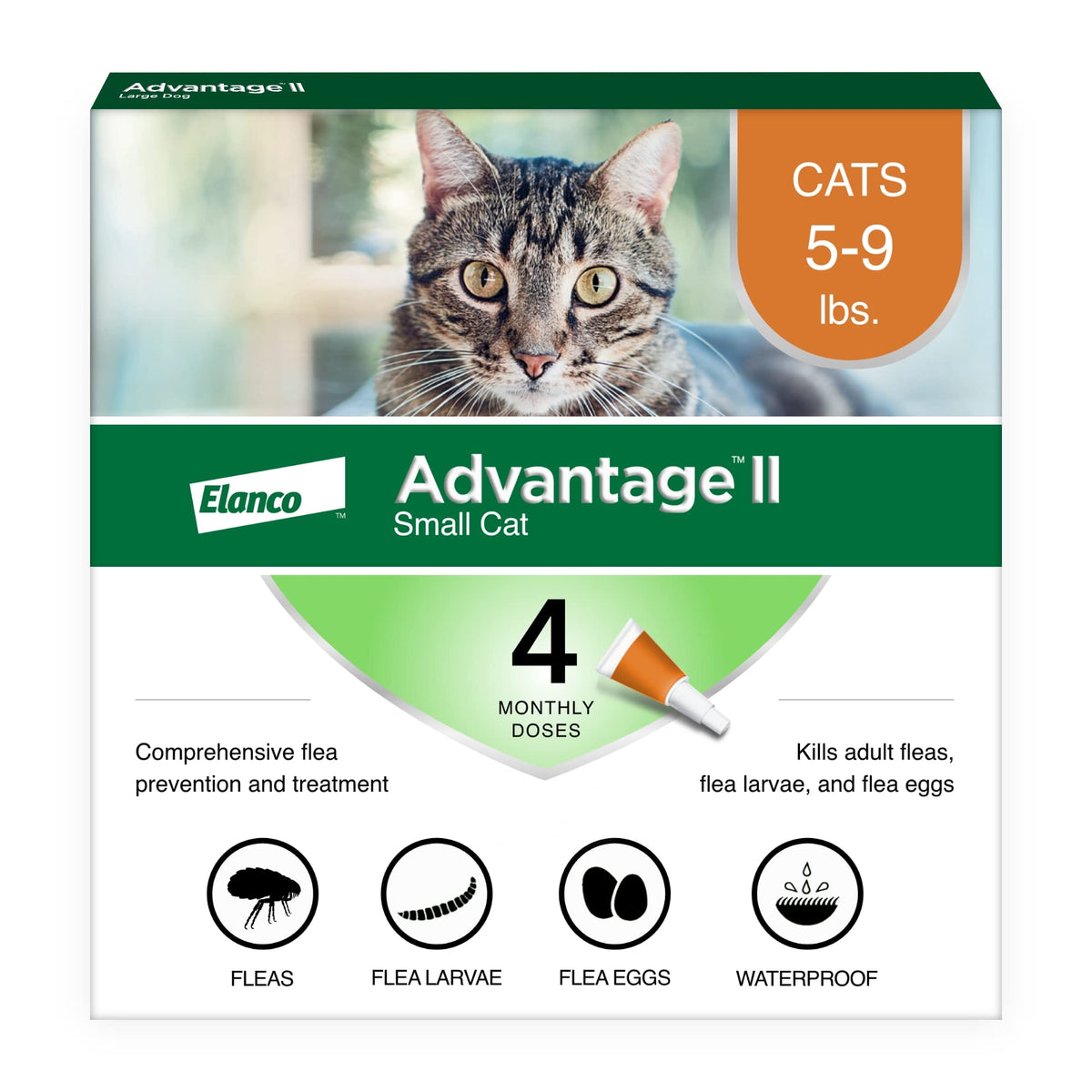 Advantage II Small Cat bottle shown for easy topical flea protection.