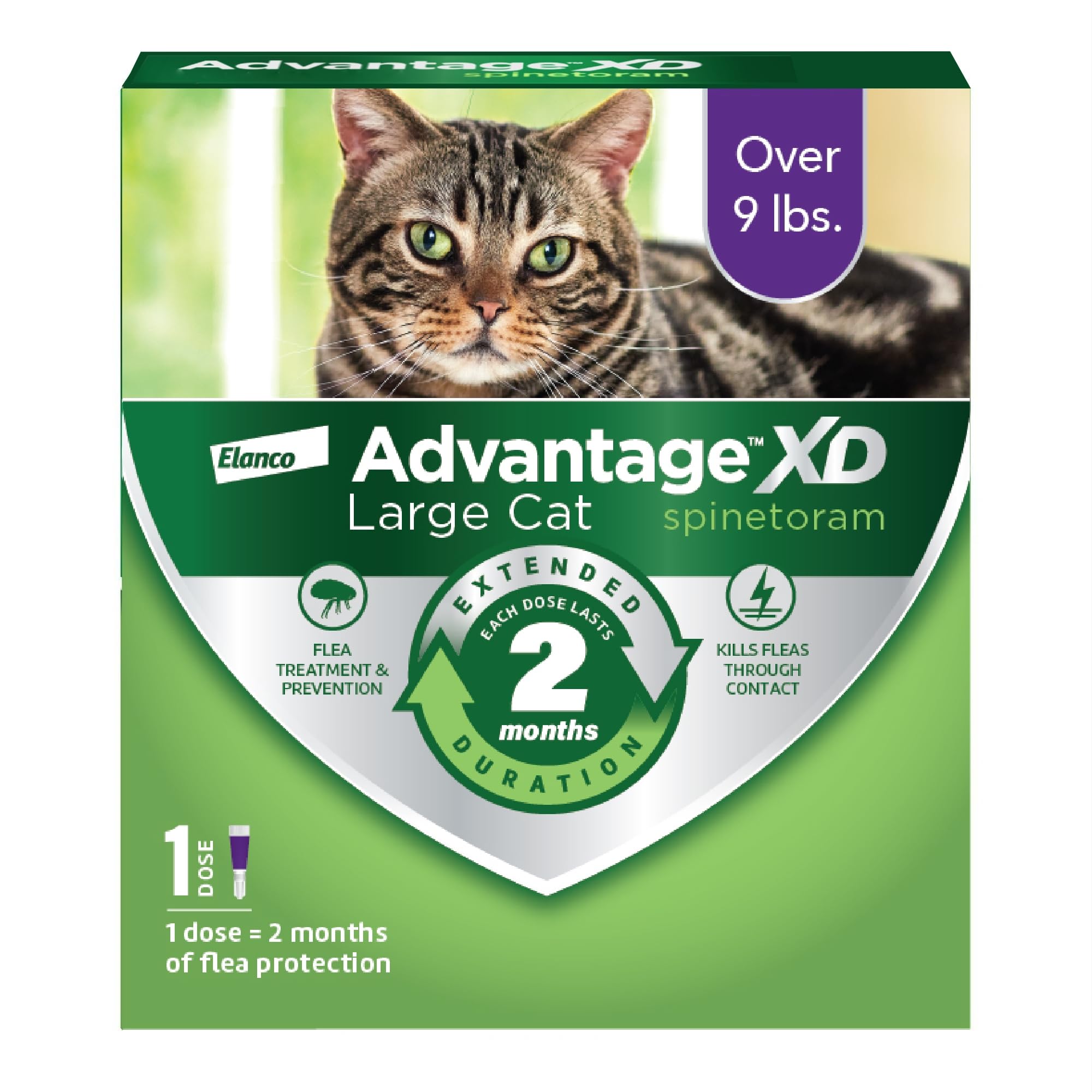Advantage XD bottle close-up illustrating easy, long-lasting flea protection for large cats.