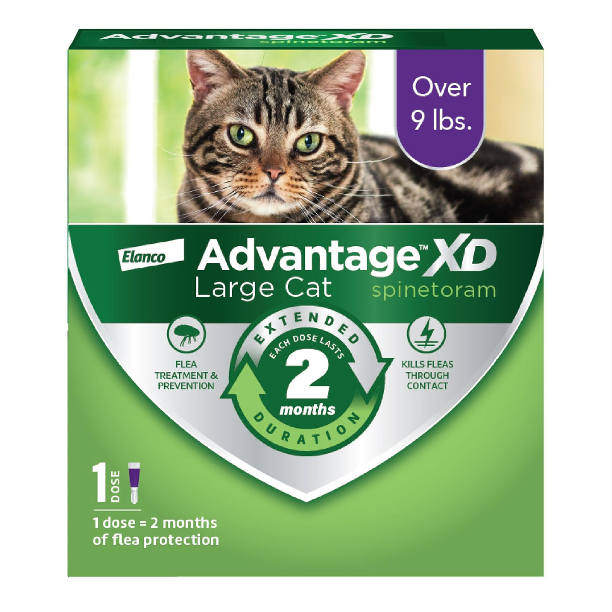 Advantage XD bottle close-up illustrating easy, long-lasting flea protection for large cats.