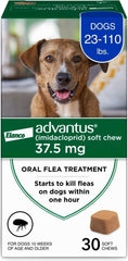 Advantus dog flea soft chews 30-count bottle, fast-acting relief for fleas.