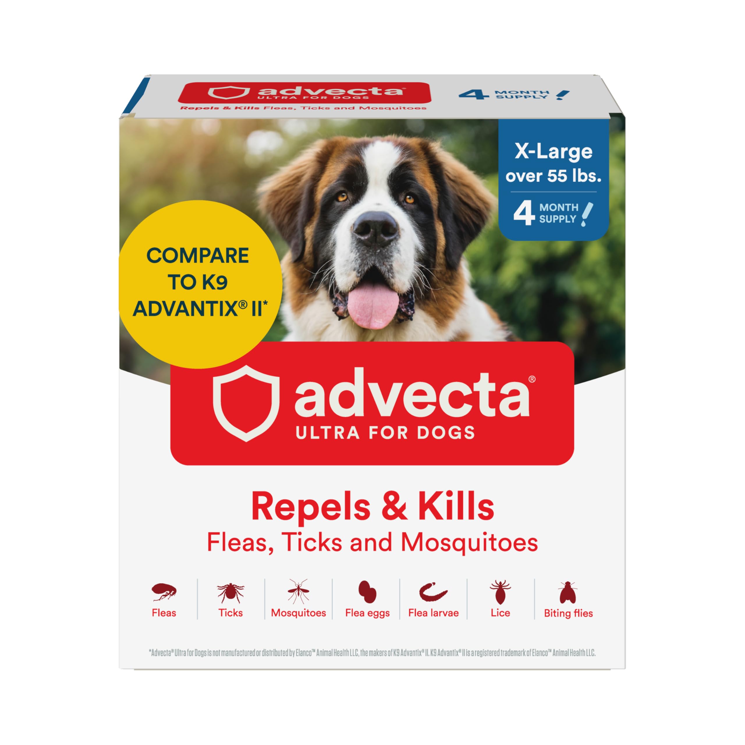 Advecta Ultra bottle pour showing easy, quick application for flea and tick protection.