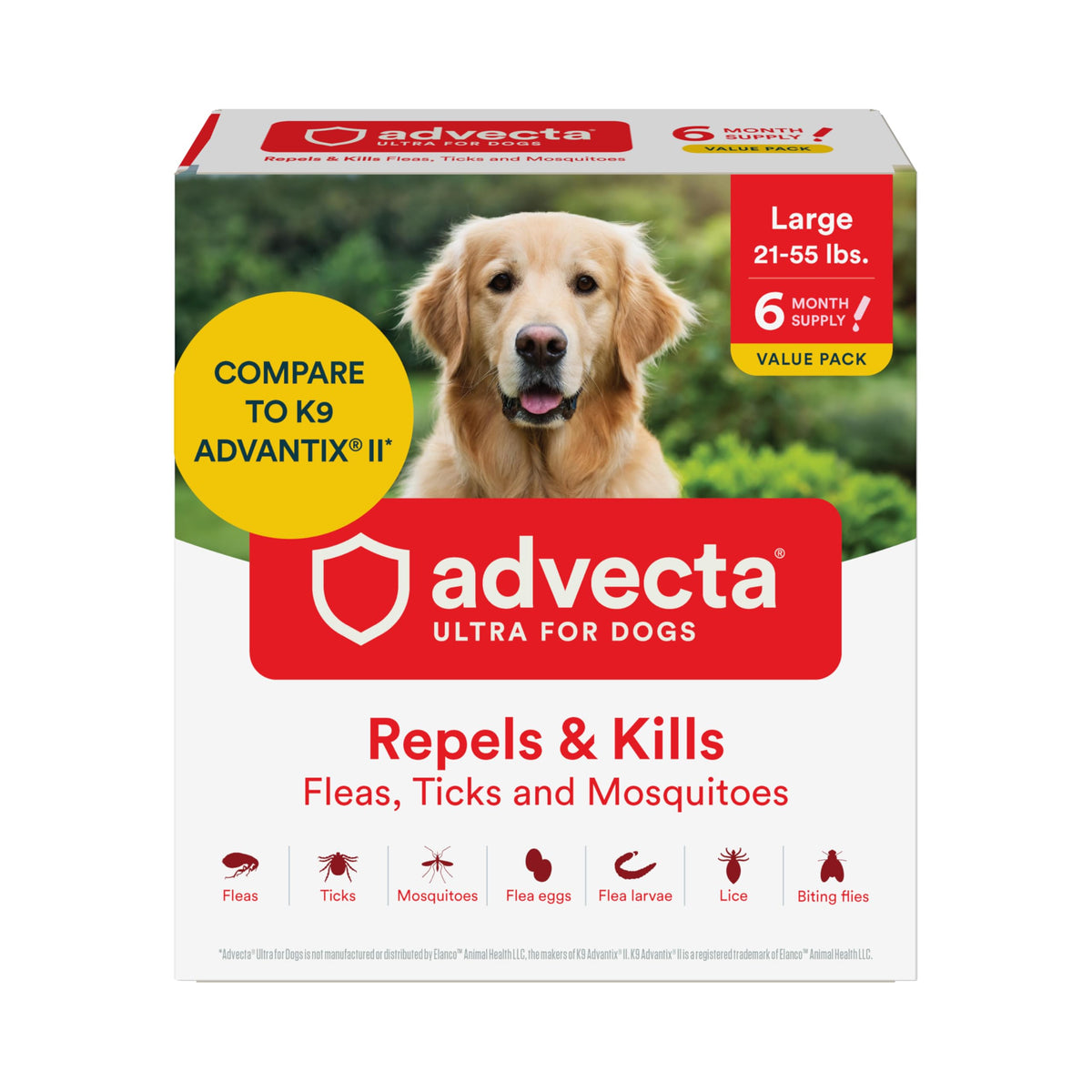 Advecta Ultra bottle demonstrates topical flea and tick protection for dogs.