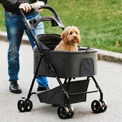 AdventEdge foldable pet stroller folds flat for compact storage after walks and trips.