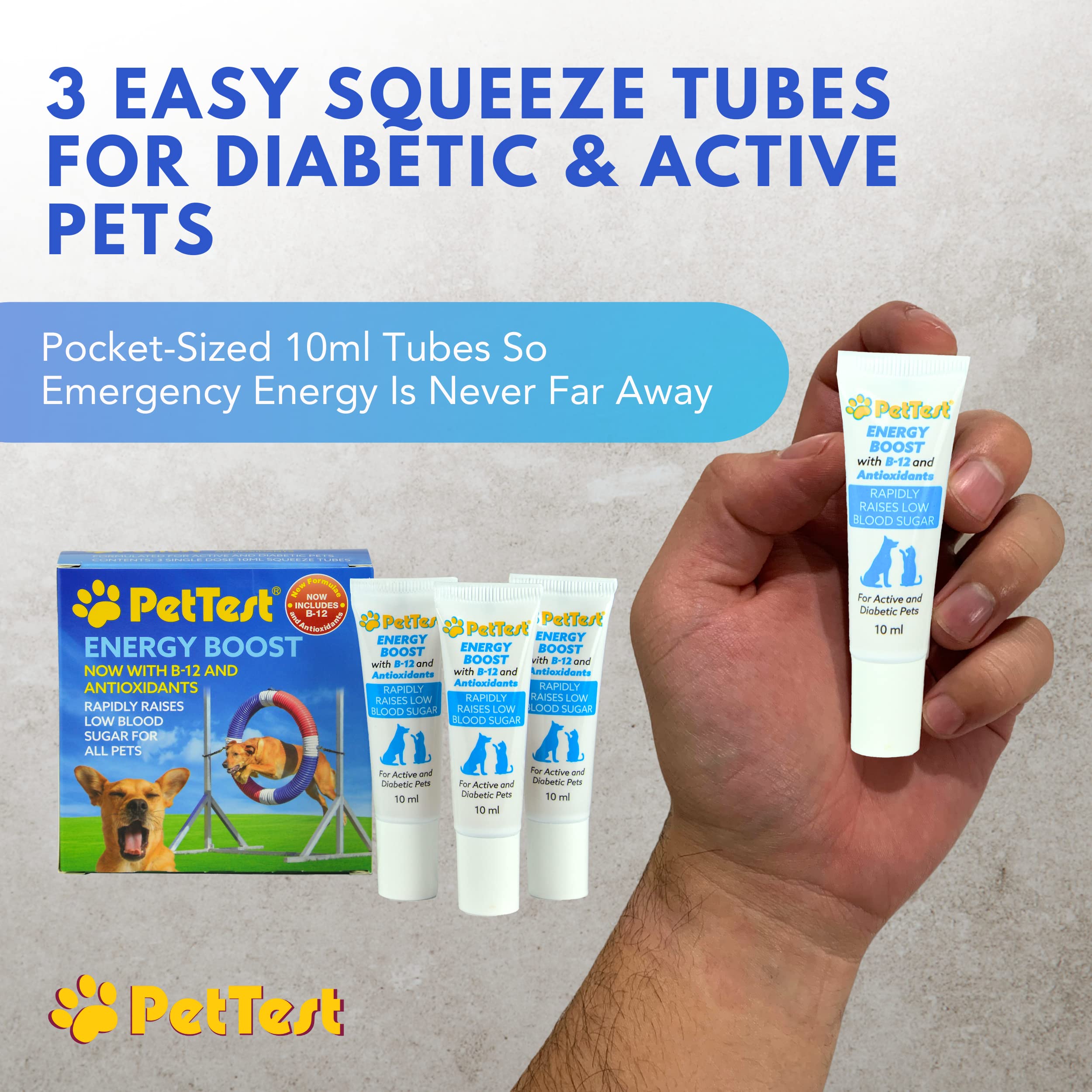 Three-pack display of Energy Boost for quick, repeatable pet dosing.