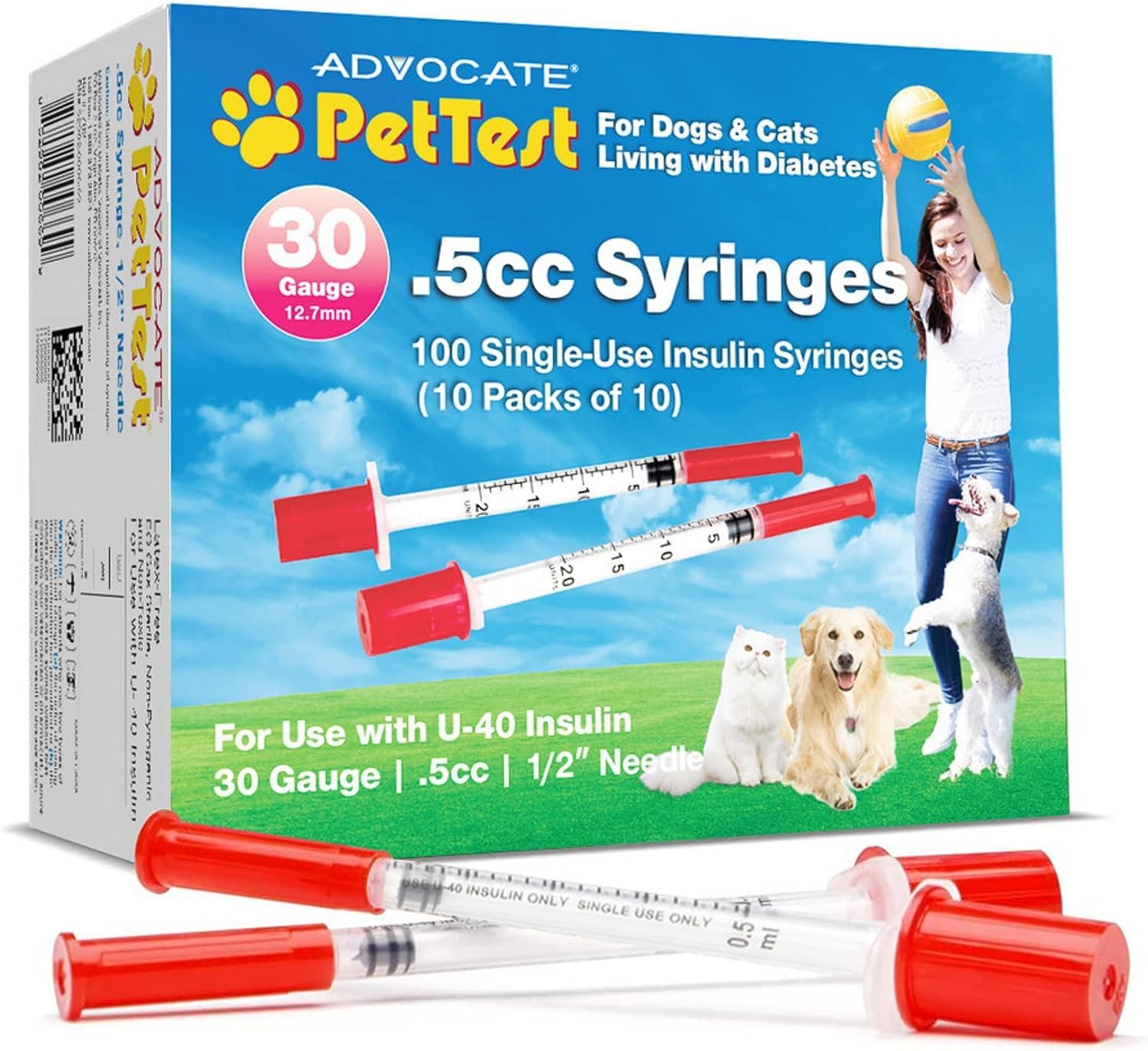 PetTest U-40 insulin syringes half inch needle closeup for at home use