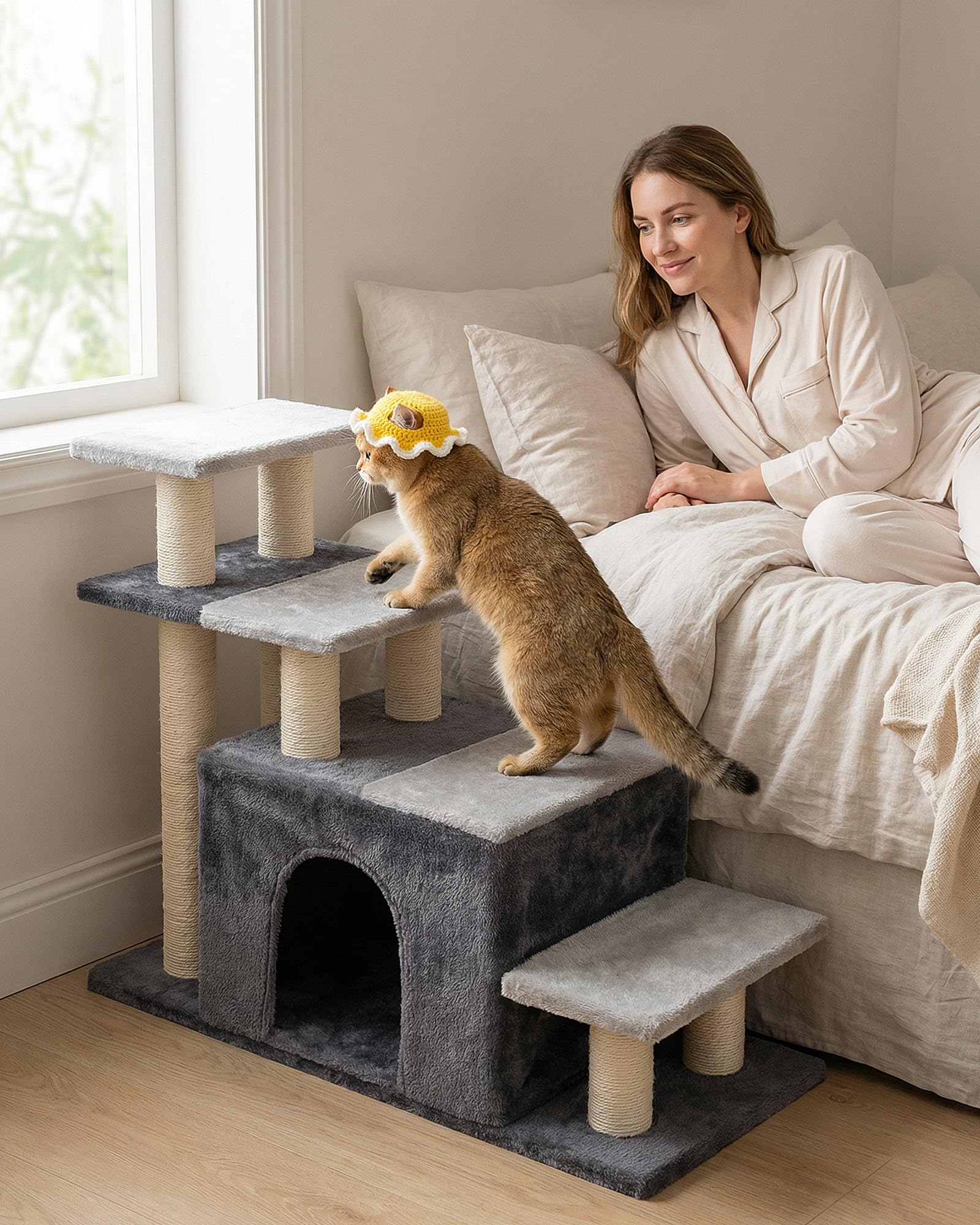 Aechonow 4-Tier Cat Steps low-rise 5.6-inch carpeted steps ease aging joints