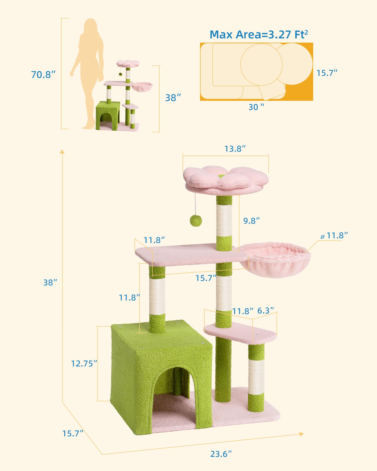 Aechonow Flower Cat Tree standing 41.2 inches tall for elevated views