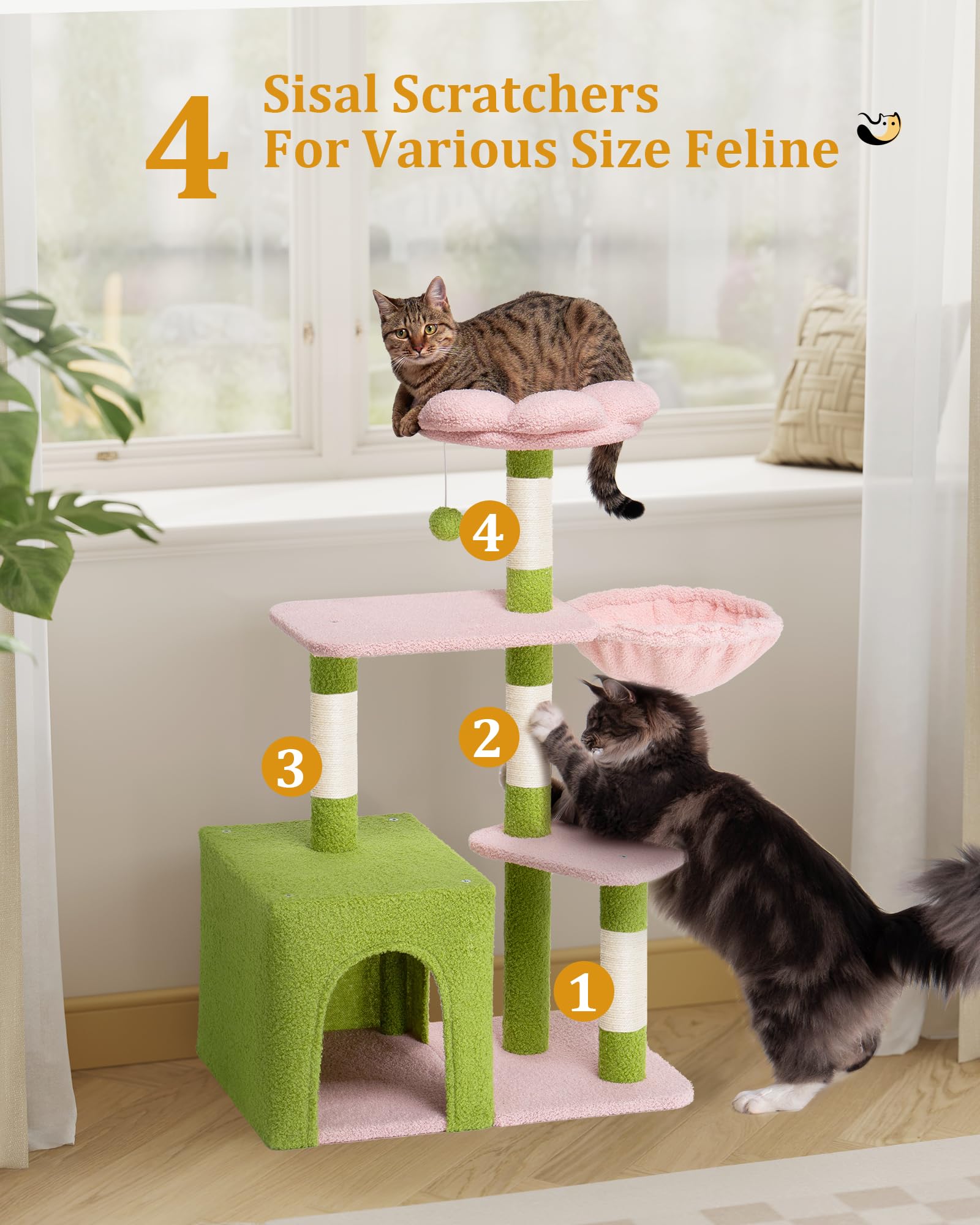 Aechonow Flower Cat Tree showing four natural sisal posts for scratching