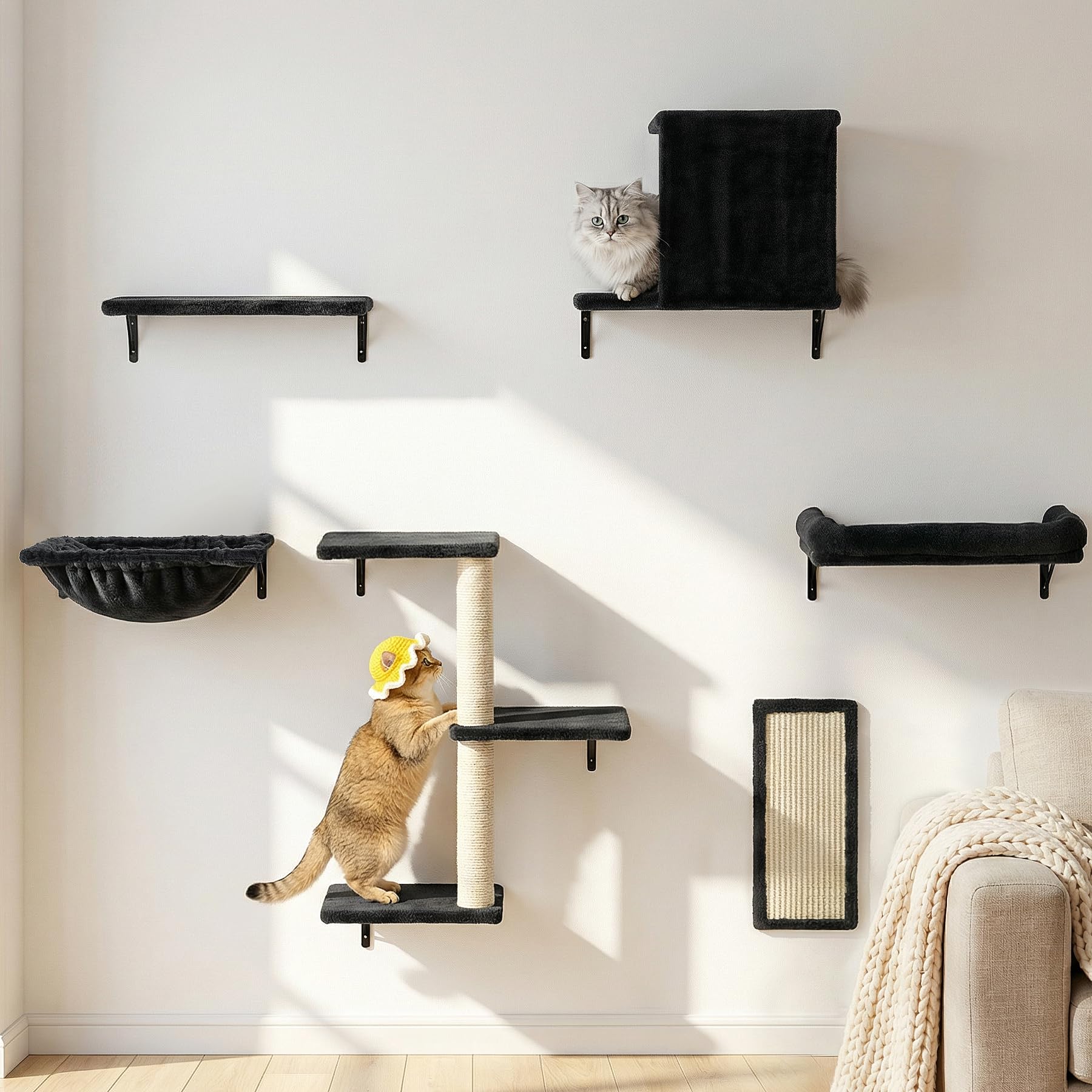 Aechonow heavy-duty cat wall shelves with large perch bed for lounging.