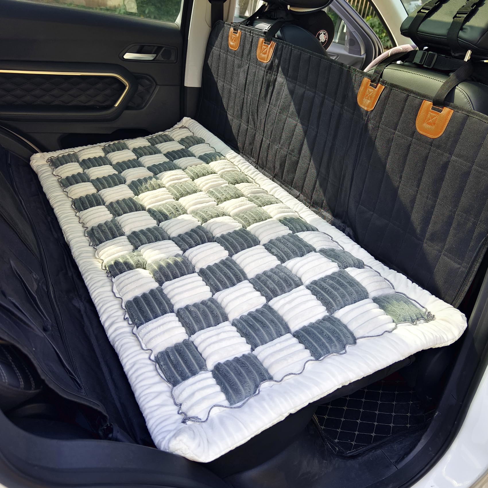 AEEISHOMEREFORM backseat pet bed in blue-grey offers plush comfort and seat protection.