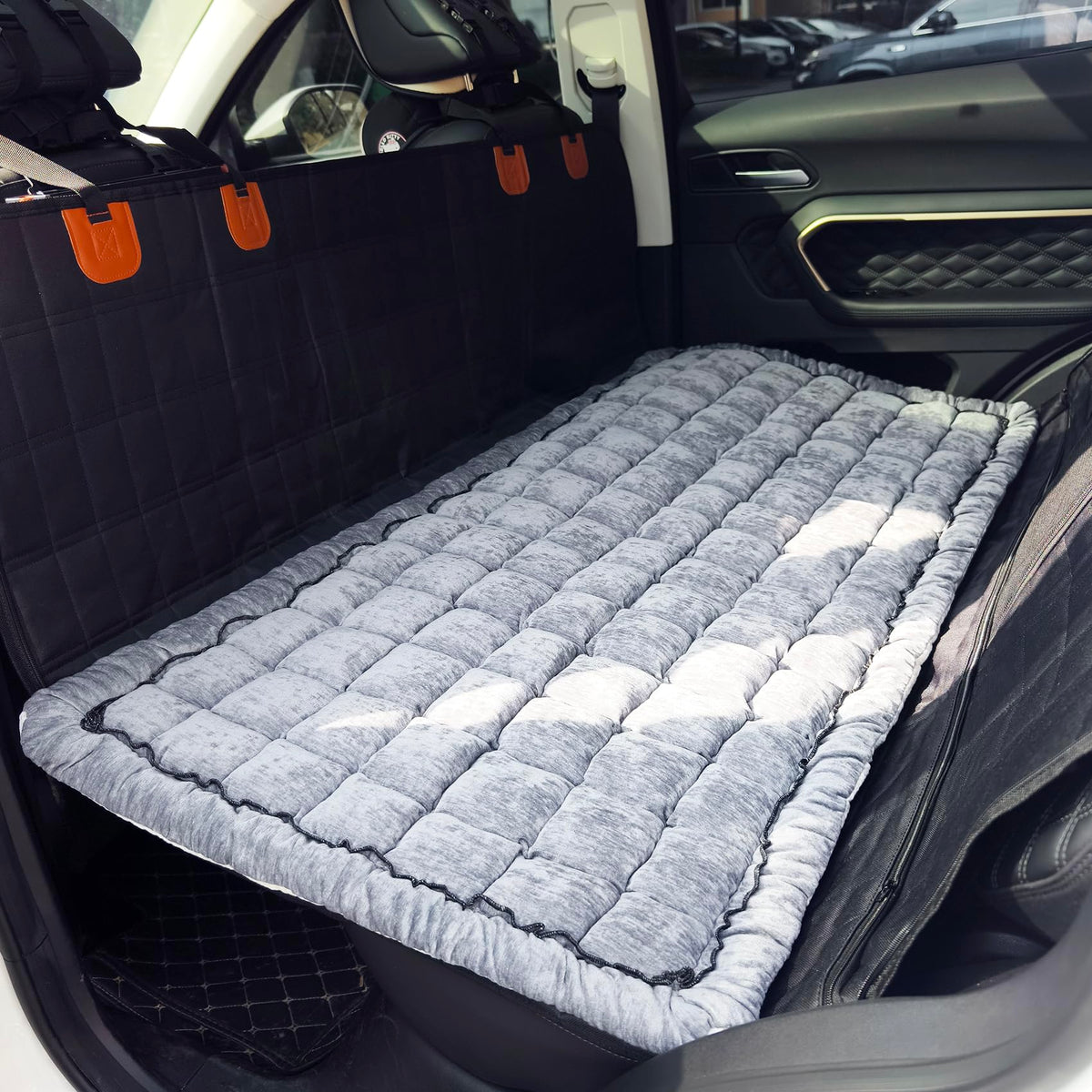 AEEISHOMEREFORM backseat pet bed mat grey protects car seat and cushions your dog.
