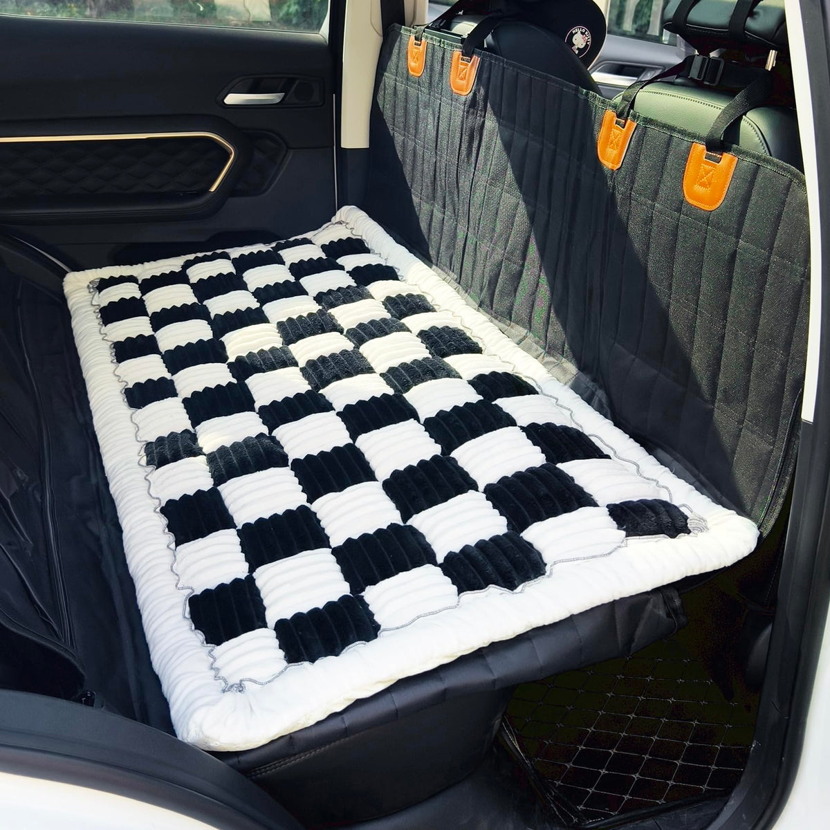 AEEISHOMEREFORM backseat pet bed mat in plaid design provides cozy protection for car journeys