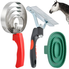Aemygo reversible stainless steel curry comb with five rings for thorough grooming.