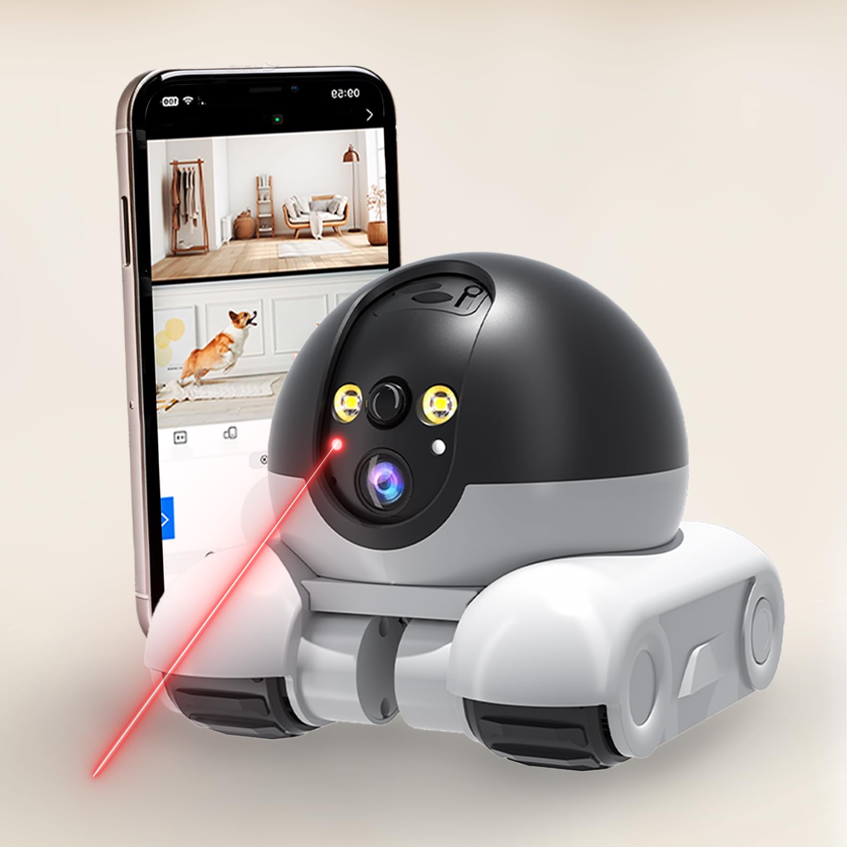 AEZ Robot Camera on Wheels 1080P front lens for 360-degree monitoring and pet interaction.