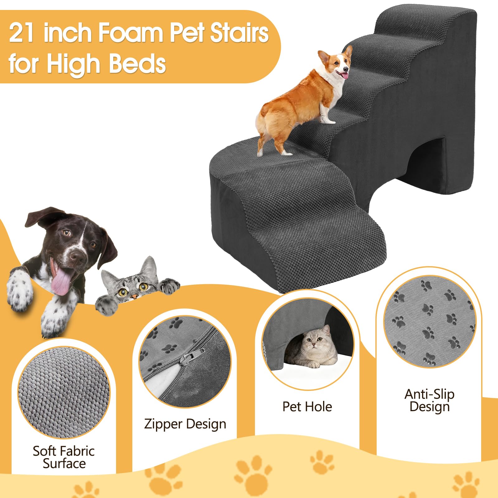 A.FATI dog stairs with wavy steps and midpoint rest spot for comfort.