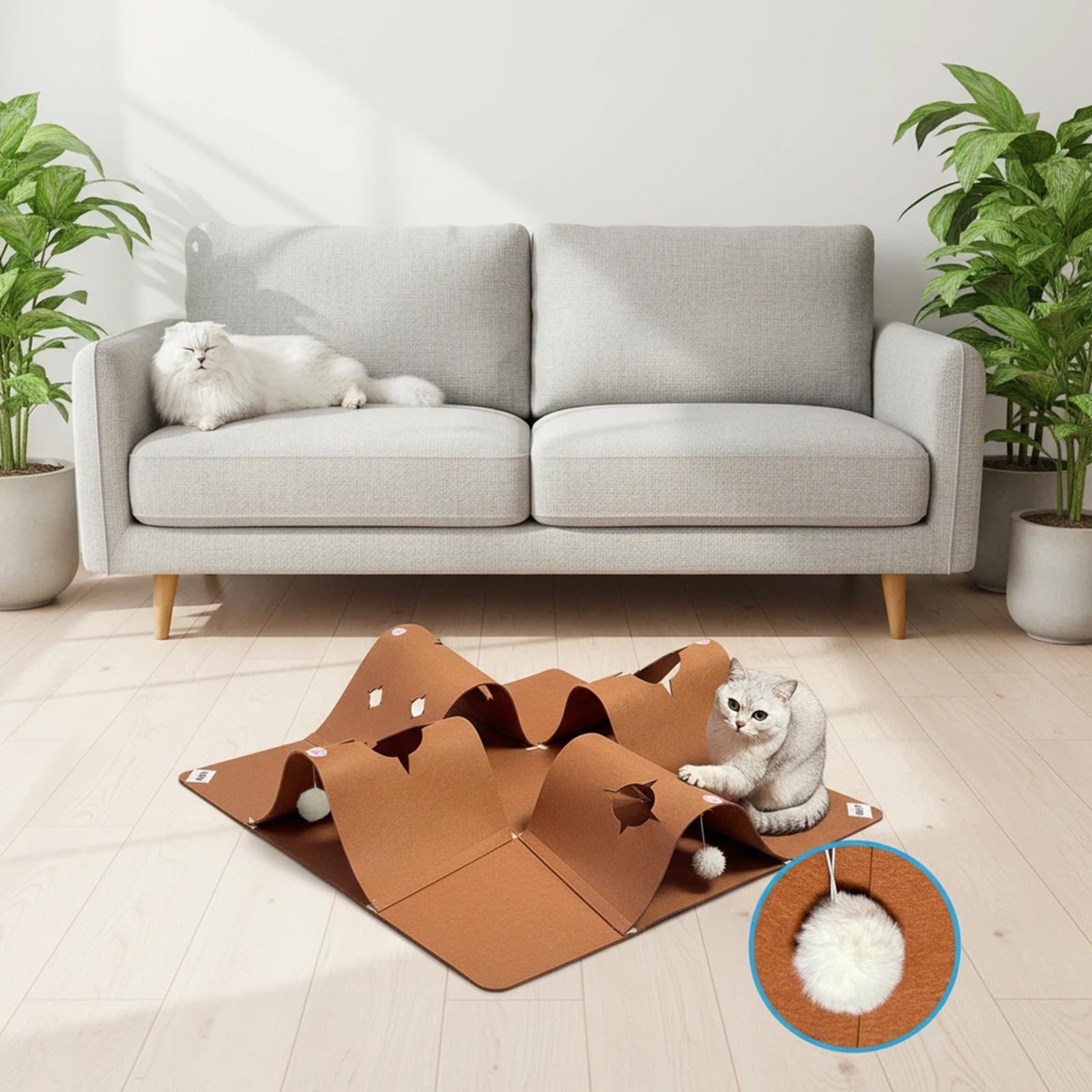 AFLIFLI cat tunnel mat featuring hanging ball for batting fun