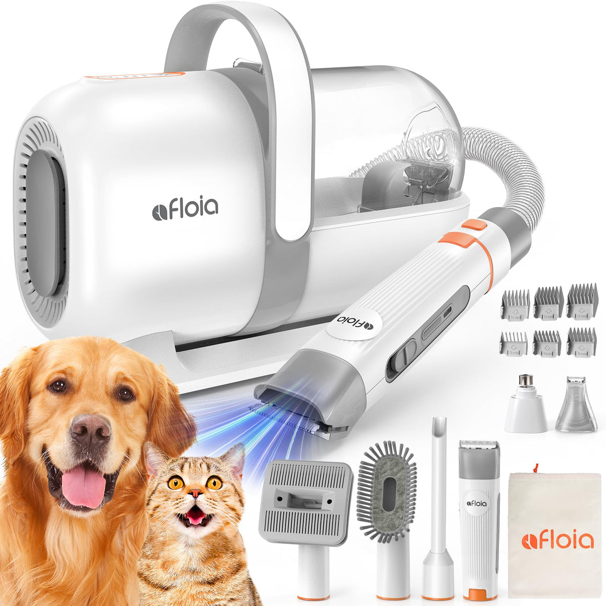 Afloia 6-in-1 dog grooming kit in action with integrated vacuum for cleaner grooming.