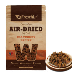 A Freschi srl air-dried real turkey bag highlights premium protein for dogs